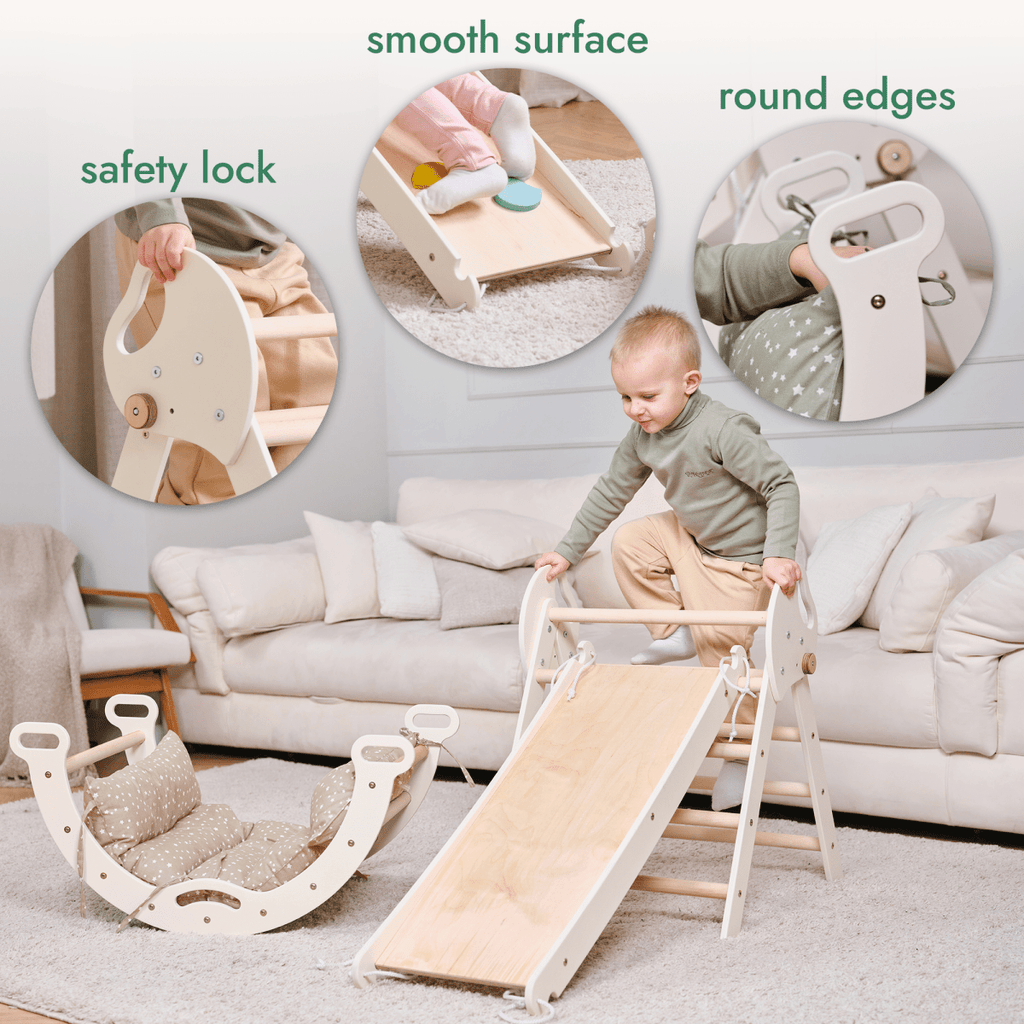 4in1 Montessori Climbing Set: Pikler Triangle, Arch, Slide Board, and Cushion for Toddlers (1–3 Years)
